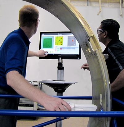 4D InSpec Surface Gauge measuring aircraft engine casing.