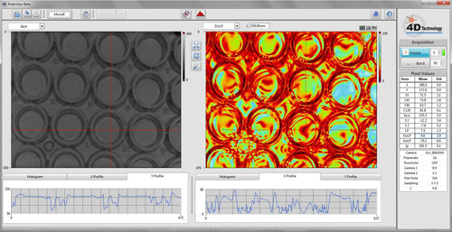 This PolarView screen capture shows stress in well plates. The left image shows Average Intensity; the right image shows the Degree of Linear Polarization (DoLP).